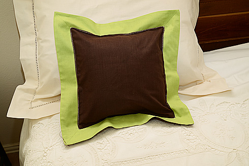Pillow Sham 12" Square. BROWN with MACAW GREEN color border